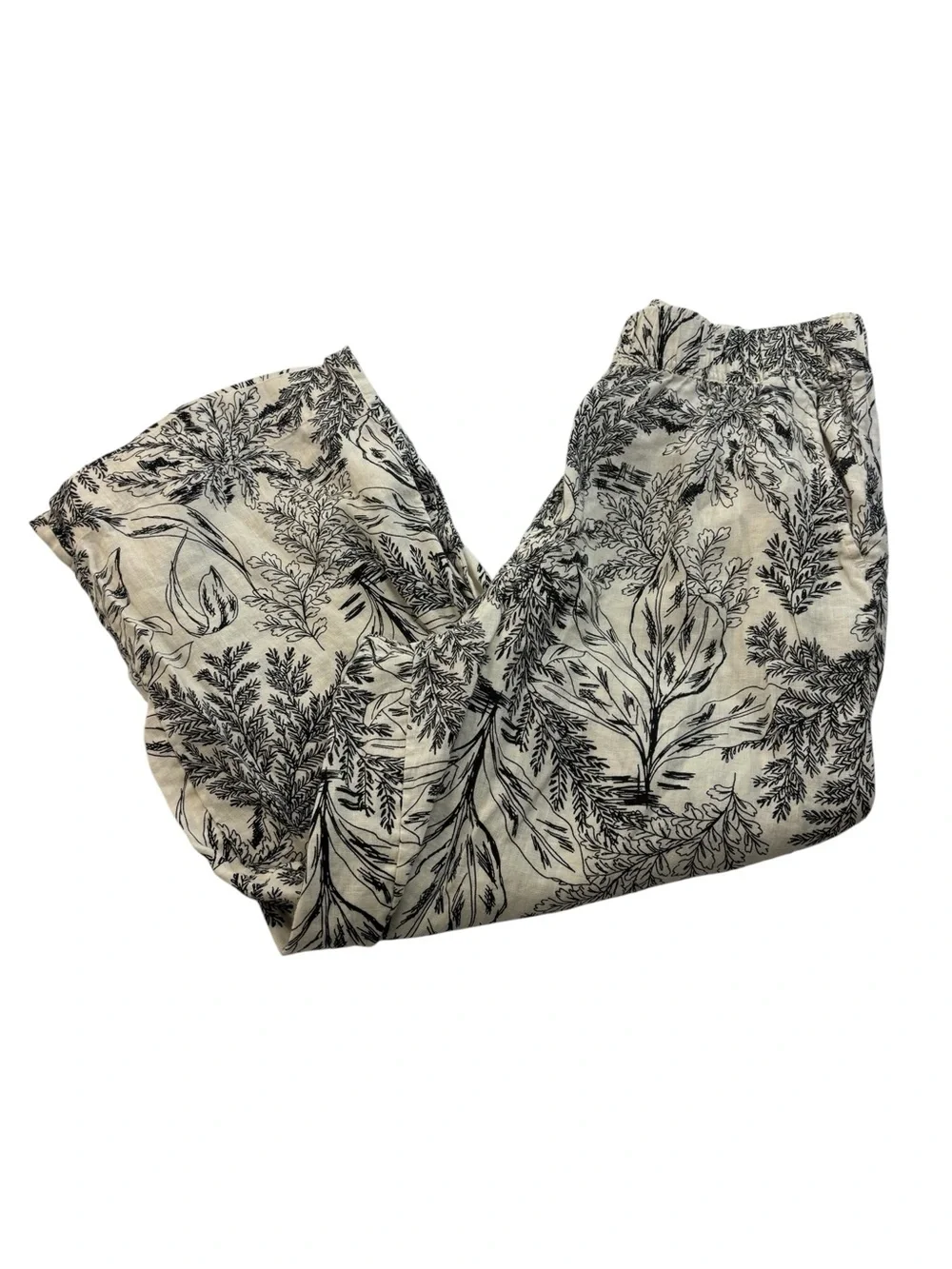 Tahari Linen Crop Pants Size Large Black/Cream Wide Leg Pants Botanical Print